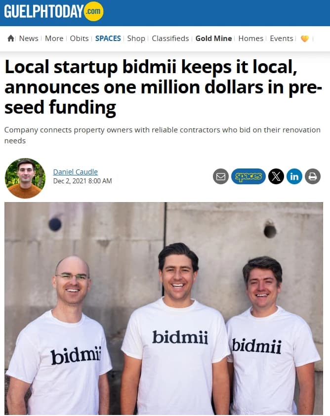 A GuelphToday news article about Bidmii headlined Local startup bidmii keeps it local, announces one million dollars in pre-seed funding, shown with a photo of the Bidmii team in branded t-shirts.