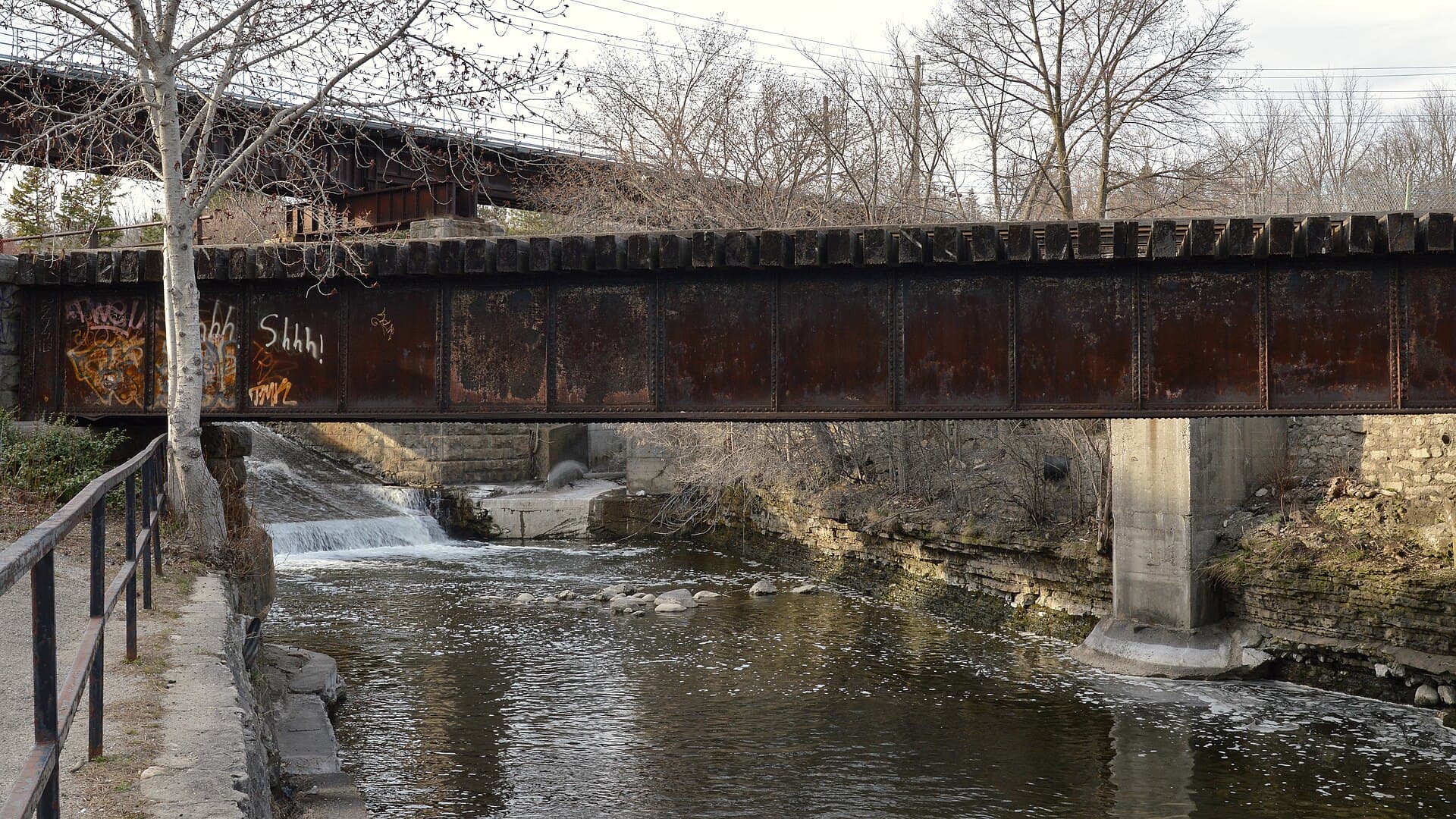 A steel rail bridge crossing the Speed River in Guelph, beside a riverside walking path